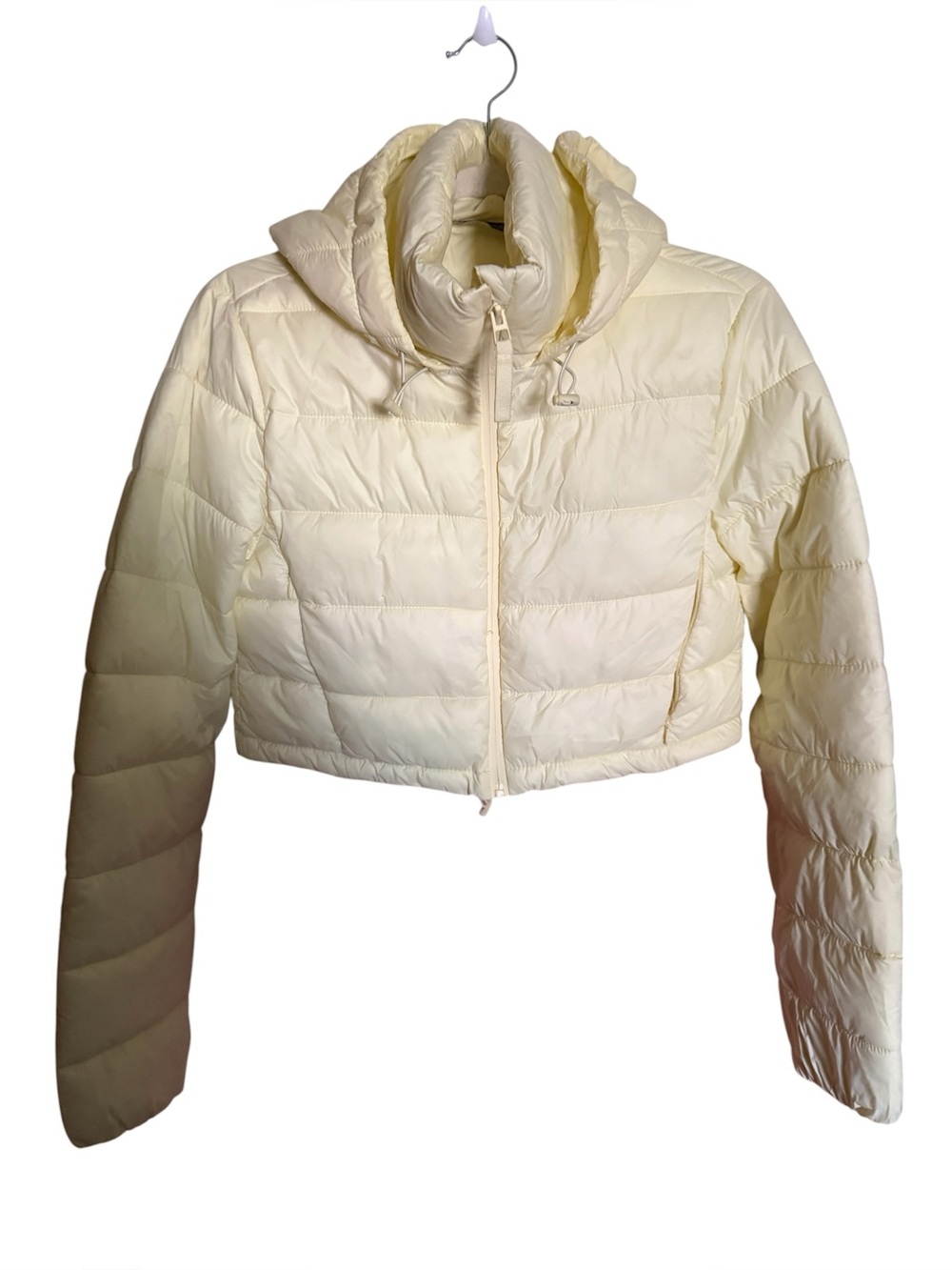 Zara pastel yellow ladies small cropped hooded puffer coat jacket winter fall